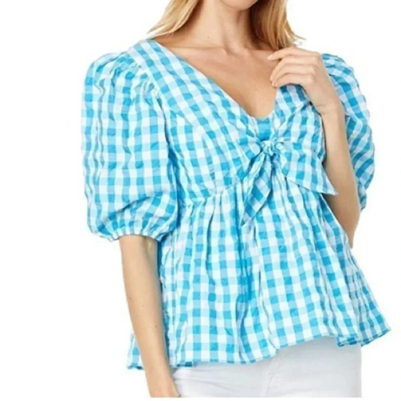 Lilly Pulitzer Sarafina Short Sleeve turquoise gingham top puff sleeve Sz 12 New - Picture 3 of 11